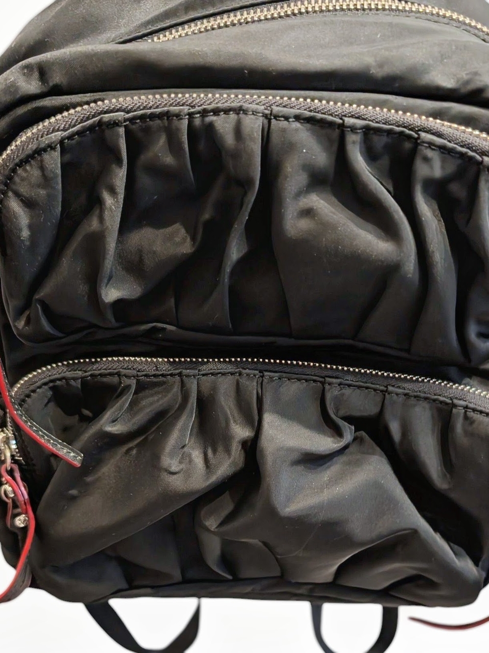 Mz Wallace Black Ruched Nylon Backpack with Front Zip Pockets